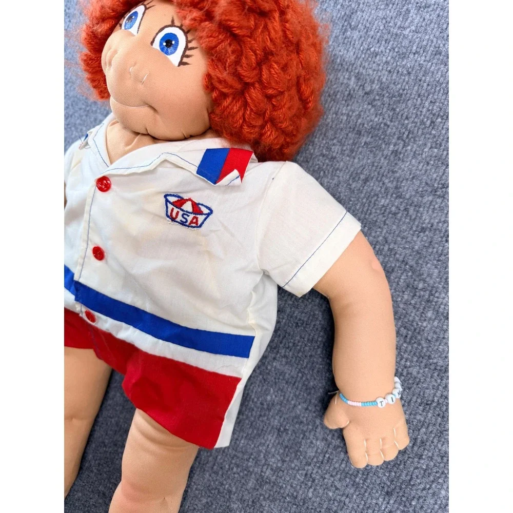 Vintage Handmade Soft Sculpture Cloth Doll Red Yarn Hair USA Shirt 21